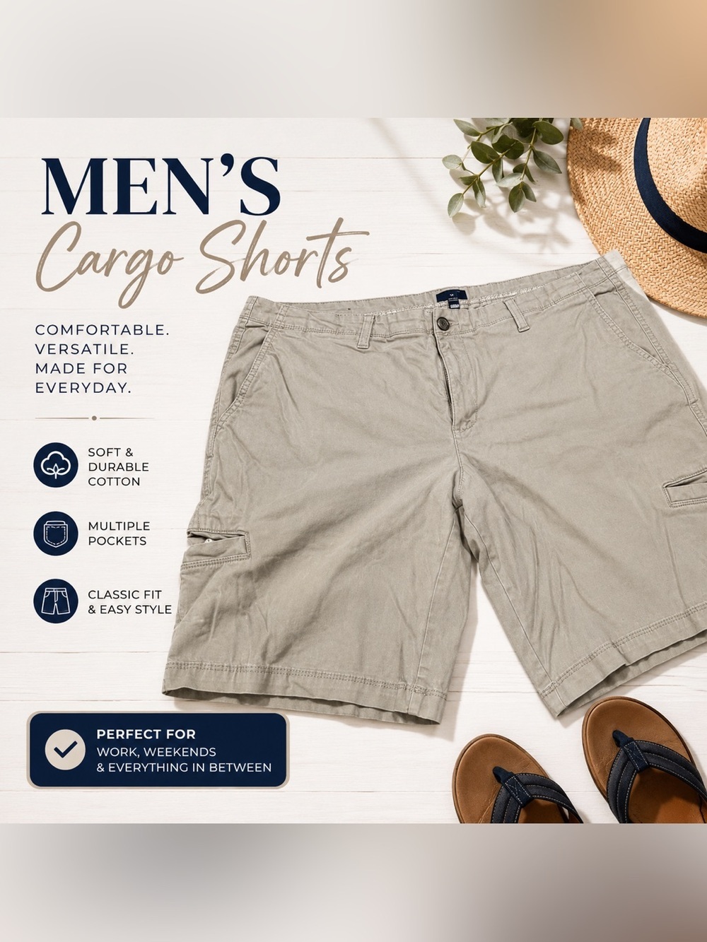 George Men’s Khaki Cargo Shorts Classic Fit Multi Pocket Casual Outdoor Size 40
